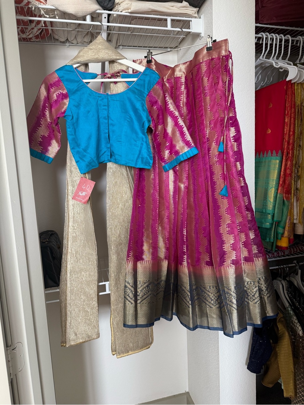 Magenta & Blue traditional half saree with Gold beaded Dupatta